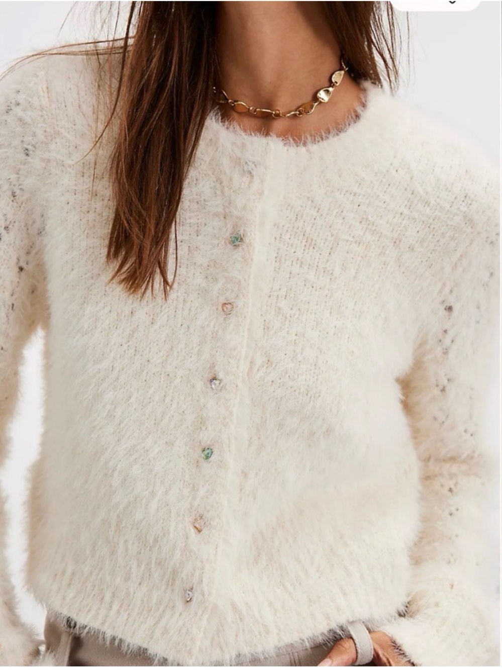 Anthropologie - Celeste Fuzzy Soft Ivory Fuzzy Button Cardigan